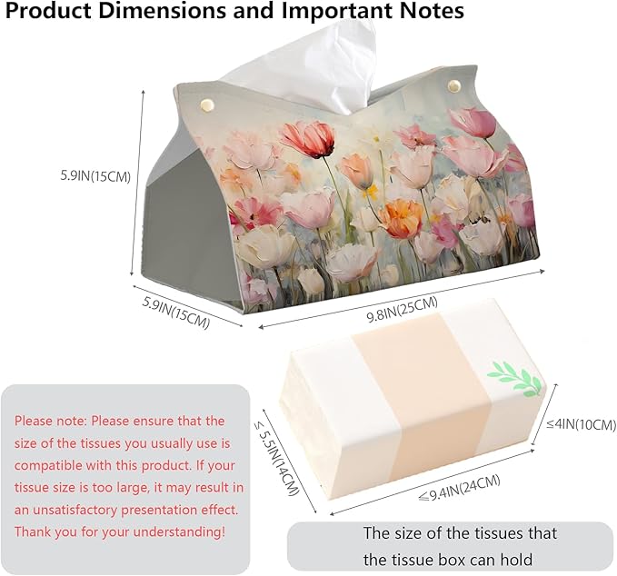 Spring Floral Leather Tissue Box Cover Rectangle, Tulip Flower Toilet Paper Box Holder,Flower Decorative Facial Paper Case for Farmhouse Living Room Bathroom Kitchen Office Desk,9.8x5.9x5.9In