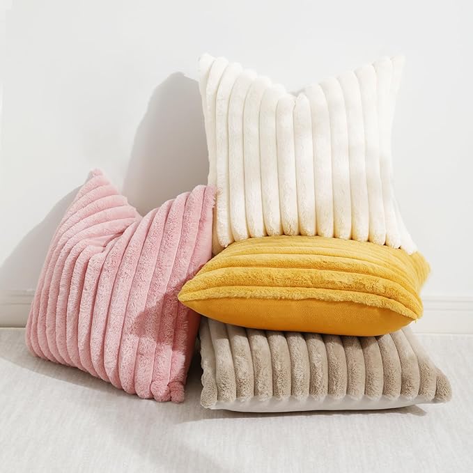 decorUhome Faux Fur Christmas Throw Pillow Covers 12x20 Set of 2, Decorative Soft Plush Striped Lumbar Neutral Couch Euro Pillow Covers with Velvet Back for Sofa, Bed, Living Room Home Decor, Pink