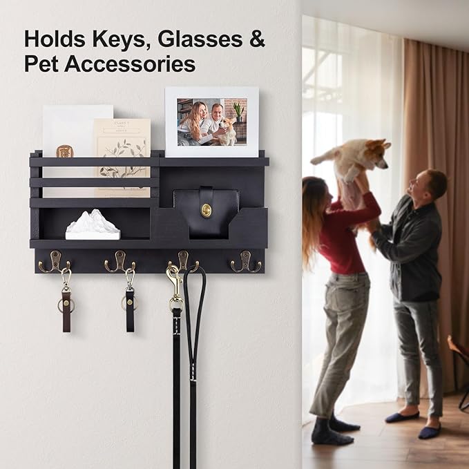 Mail and Key Holder for Wall – Decorative 15.9” x 8.7” x 3.2” Entryway Organizer with Shelf – Paulownia Wood with 4 Dual Hooks Includes Mounting Hardware and Installation Guide