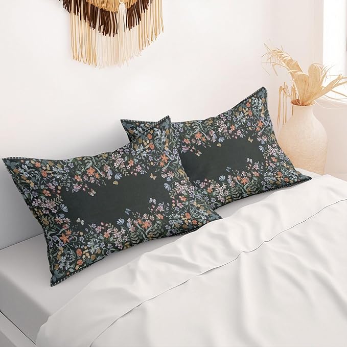 Floral Pillow Protectors with Zipper Standard Size Boho Colorful Wildflowers Pillow Covers Set of 2 Moody Black King Size Pillowcases Rustic Butterfly Farmhouse Bedding Decorative 36"x20"