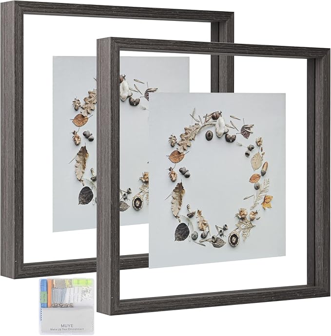 MUYE Square 12x12 Floating Frame in Gray,Double Glass Picture Frame for Wall Mount or Tabletop Standing with Hanging Hardware Included,Display Photo up to 12x12,2 Pack