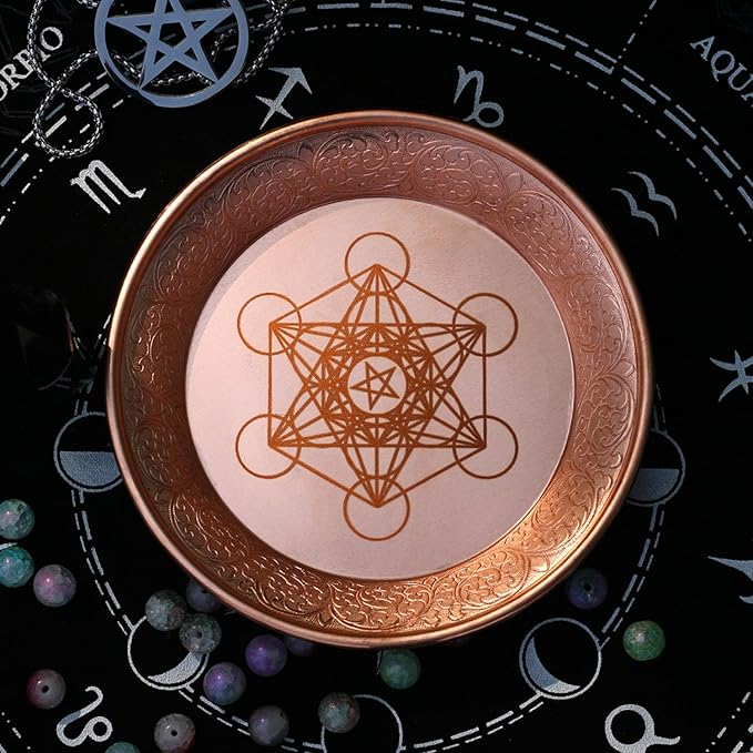 Copper Offering Prayer Ritual Bowl - Carving Metatron Brass Decorative Plate Great for use Witches,Smudging, Incense Burner Holder,Candle Dish, Ash Catcher,Jewelry Dish,Keys Basket
