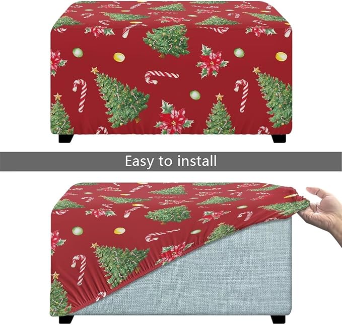 Ottoman Cover Rectangular Christmas Tree Candy Cane Stretch Ottoman Slipcovers Nonslip Storage Footrest Stool Cover Easy Install Furniture Protector for Foot Stool Decor Size L