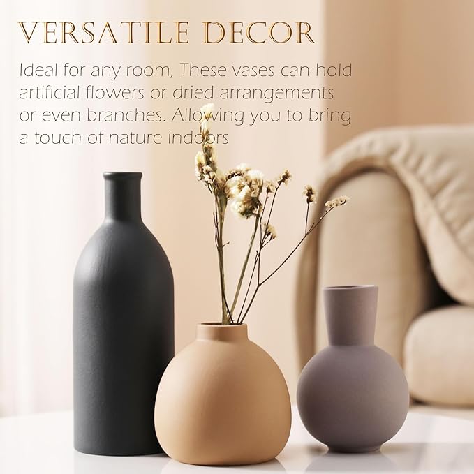 Ceramic Vase Set of 3 - Handcrafted Ceramic Vases for Home Decor & Shelf - Modern Farmhouse Decor for Kitchen, Office, Bedroom & Living Room Decorative Objects for Mantel, Table Centerpieces