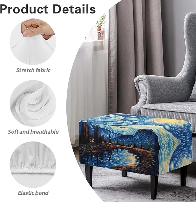 Starry Night Ottoman Slipcover Non-Llip Rectangle Chair Cover with Elastic Bottom Removable Washable Foot Stool Covers for Ottoman Country Home Accessories Decoration