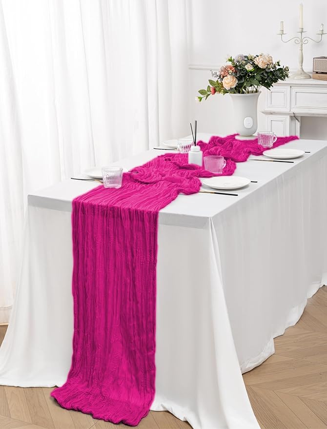 10 Pack Hot Pink Cheesecloth Table Runner,10FT/120 Inch Boho Gauze Fabric Table Runner,Rustic Sheer Hot Pink Cheese Cloth Runner Bulk for Wedding,Bridal Baby Shower,Birthday Party,Holiday Table Decor