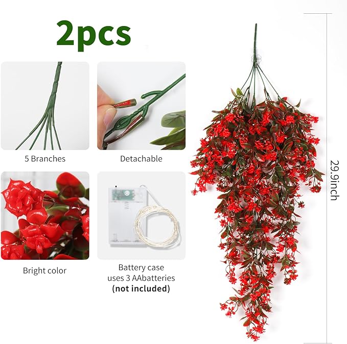 RECUTMS Faux Hanging Plants 2 Pack Hanging Flowers Artificial Decor Greenery Fake Vines with Lights Strings Plastic Flowers Artificial Ivy Leaves Long Stem for Porch Patio Kitchen (Red)