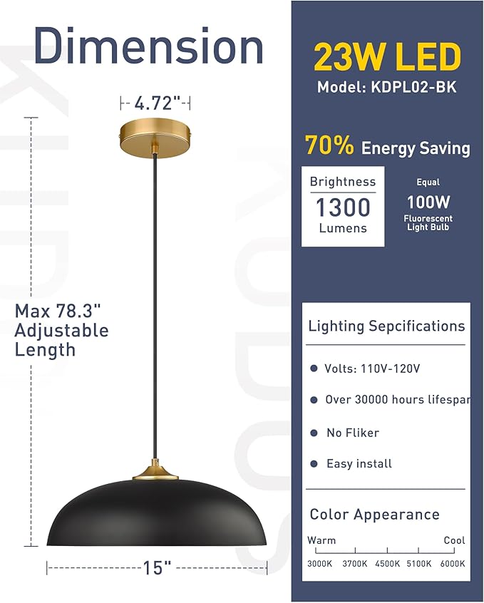 kudos 15 Inch Large LED Pendant Lights, Black and Gold Pendant Light Fixtures, Modern Hanging Lights for Kitchen Island, Dining Room, Living Room, Bedroom, 5CCT Adjustable, KDPL02-BK