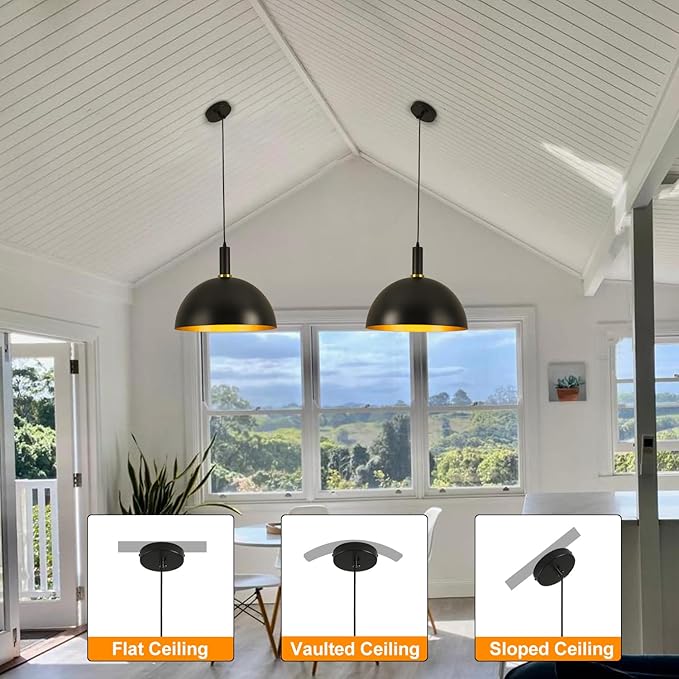 16" Black Pendant Lights Kitchen Island, Black and Gold Dome Pendant Lights, Modern Farmhouse Adjustable Large Industrial Metal Hanging Pendant Lighting for Kitchen Island, Dining Room, Cafe, Bar