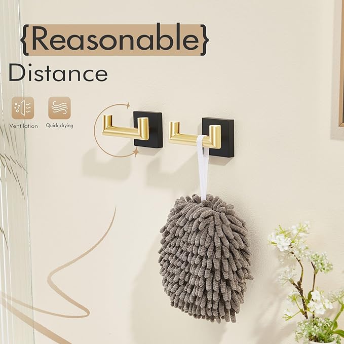 KOKOSIRI Robe Hooks Bath Towel Hooks Bathroom Hardware Double Coat Hooks Wall Mounted, Stainless Steel 2 Pack Black with Gold B1015GDK-P2