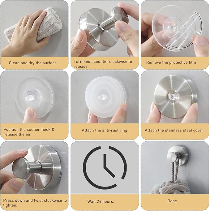 Suction Cup Hooks, Shower Hooks for Inside Shower, No-Drill Towel Hook Stainless Steel Waterproof Suction Hook for Wreaths, Loofah, Towel, Coat, Bath Robe (6, Grey)