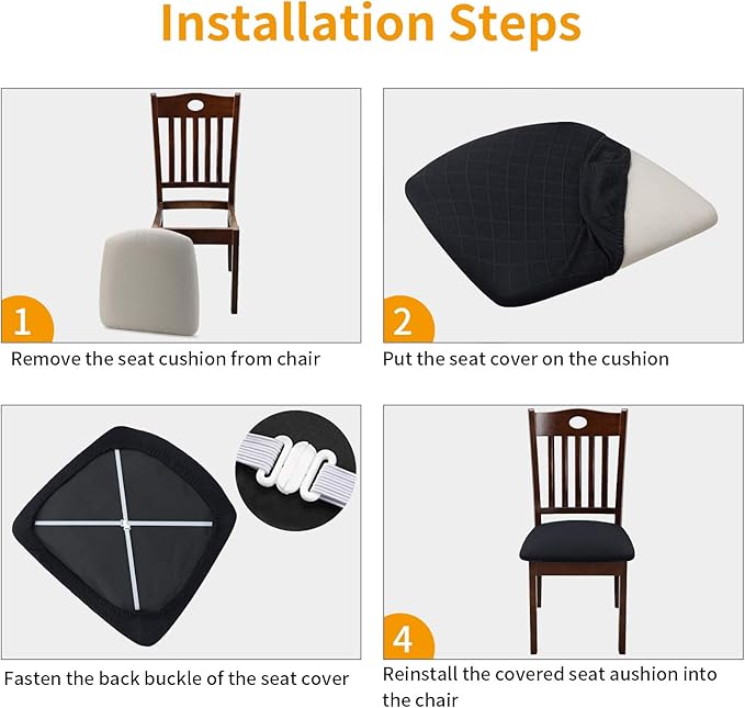 Fuloon Stretch Chair Seat Covers 4 PCS, Removable Washable Dining Chair Covers Anti-Dust Dining Room Seat Cushion Slipcovers (4, Black)