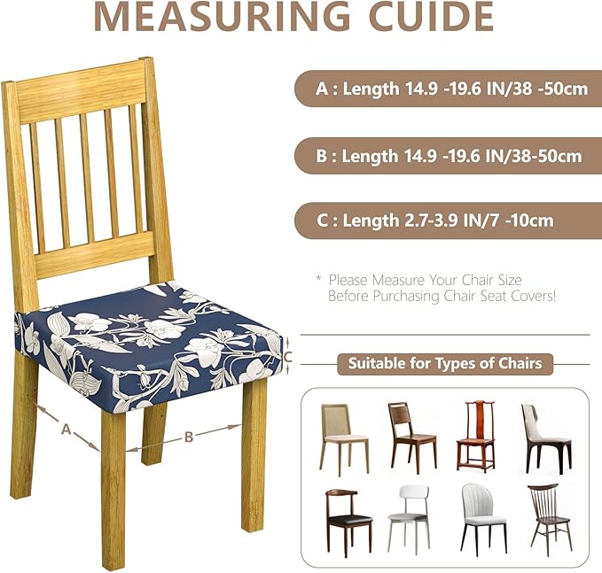 Stretch Dining Chair Seat Covers Set of 6,Dining Chair Slipcovers, Floral Printed Chair Covers,Soft Fabric Washable Upholstered Chair Seat Protector, No Rear Covers for Home Kitchen Dining Room