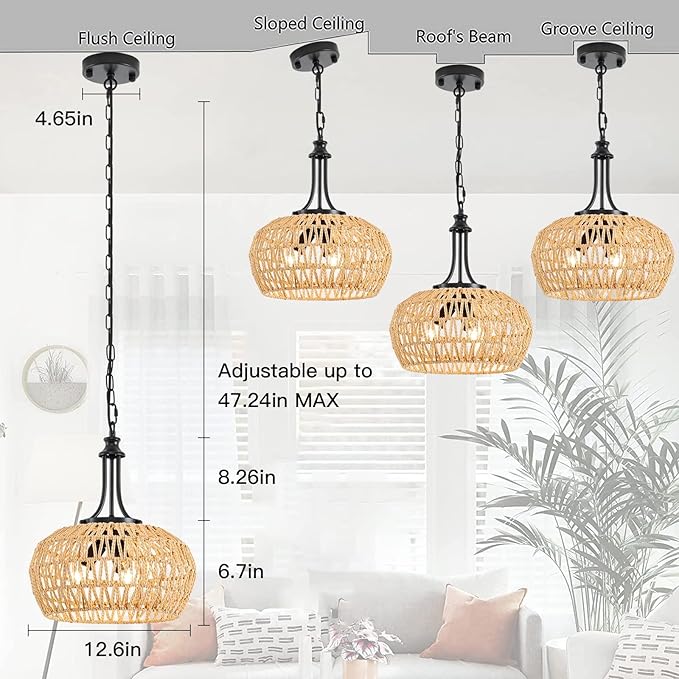 Farmhouse Chandelier Light Fixtures, 3-Light Rattan Boho Pendant Lighting Ceiling Hanging Lamp with Woven Lampshade, Coastal Hanging Light Fixtures for Dining Room Kitchen Island Living Room Entryway