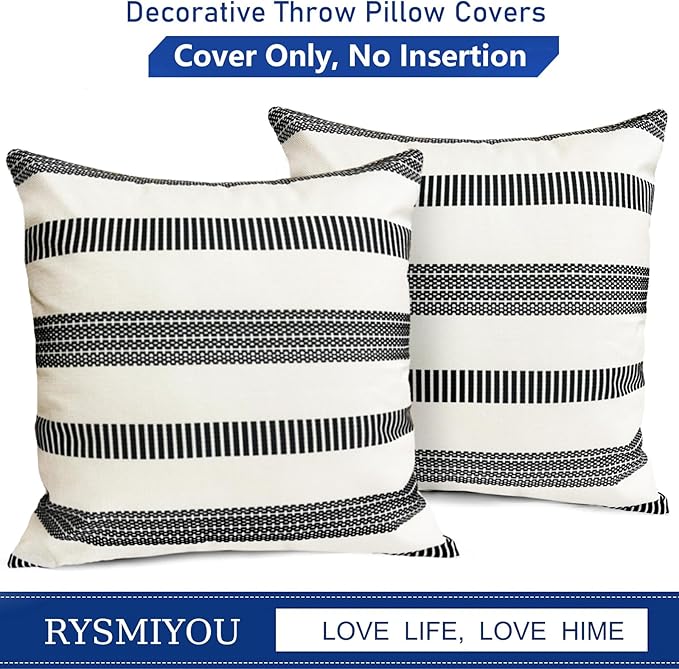 Decorative Throw Pillow Covers Set of 2 Black Boho Striped Pillow Covers 16x16 Inch Throw Pillow Cover Linen Pillowcase Farmhouse Outdoor Pillow Covers for Couch Sofa Bed Living Room