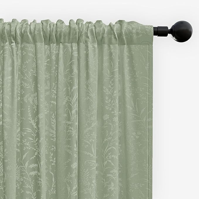 Anmao Sage Green Semi Sheer Light Filtering Curtains 84 Inches Long 2 Panels, Leaf Pattern Drapes for Living Room Bedroom, Rod Pocket Sheer Window Treatments with Floral Design, 52x84 Inch
