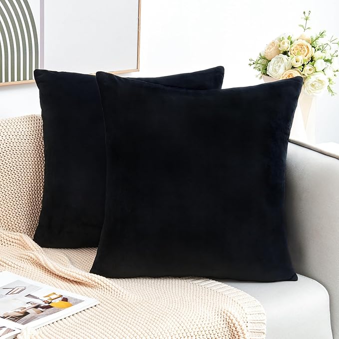 Throw Pillow Covers Decorative Velvet Set of 2 18x18 Inch Pillow Covers, Soft Black Pillowcases for Couch Sofa Bed Living Room, Farmhouse Home Boho Decor, Square Accent Cushion Covers