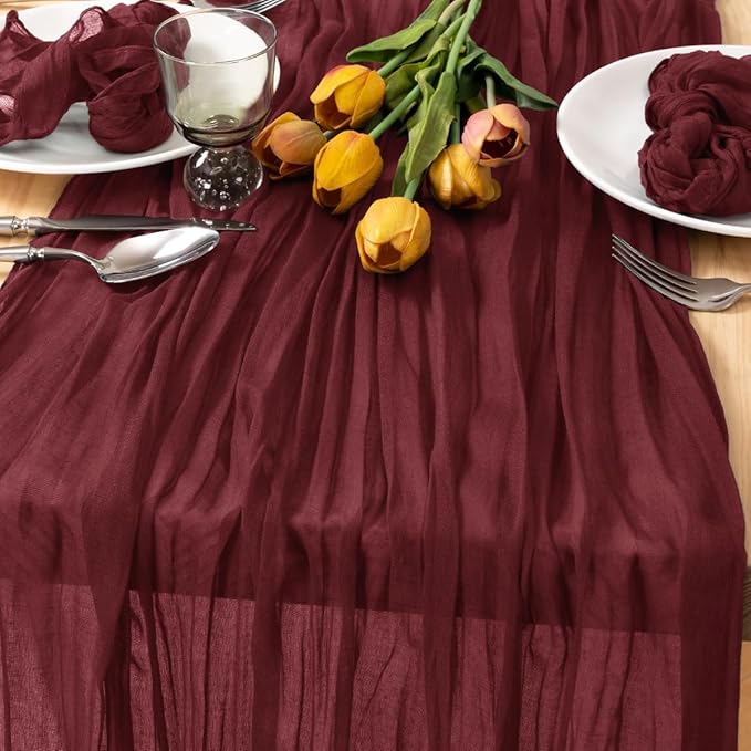 MLMC 3 Pack Burgundy Red Valentines Table Runner 10ft Rustic Gauze Wine Red Cheese Cloth Table Runner Cheesecloth Centerpiece for Wedding Holiday Anniversary Events Valentine's Day Decor