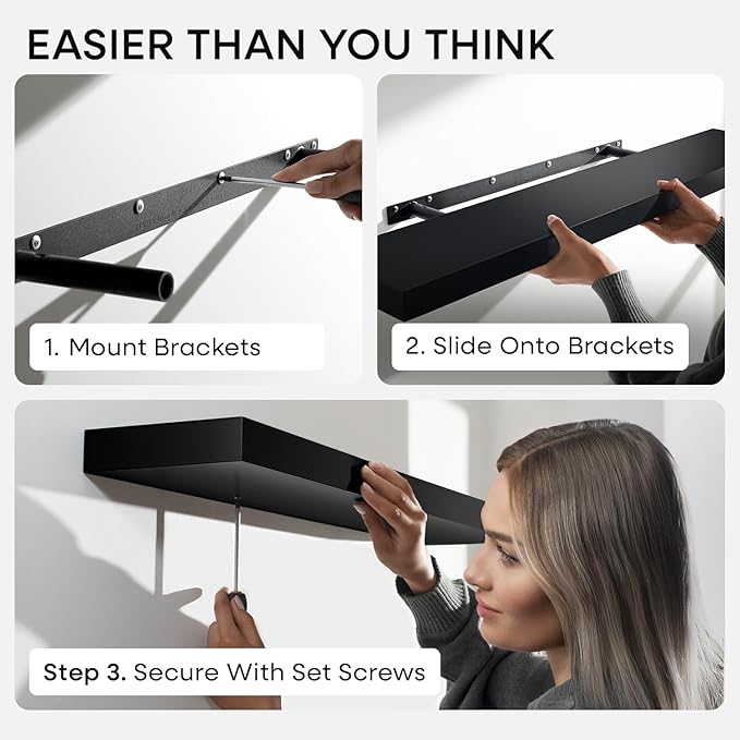 Homeforia Floating Black Shelf 60 inch, High End Solid Real Wood 60 inches Long Floating Shelves for Wall, Black Wooden 60inch Large Floating Shelves, Heavy Duty Bracket, 60 X 6.5 X 1.75 in, Set of 2