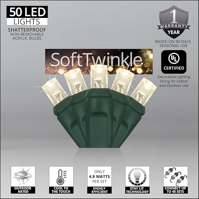 SoftTwinkle Slow Twinkling Christmas Lights, Soft Twinkle String Lights Pulsing Christmas Lights (50 Lights, 25.5 Ft, Warm White)