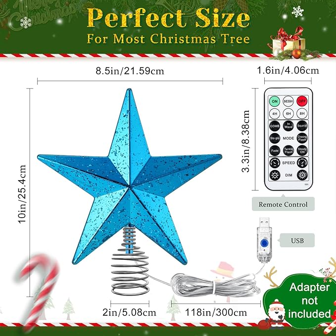 Blue Christmas Tree Star Topper with Lights, 8.5-Inch Light-Up Christmas Tree Topper with Remote Control, 4 Brightness Levels & 8 Light Modes, Faux Mercury Glitter Design with 20 Lights