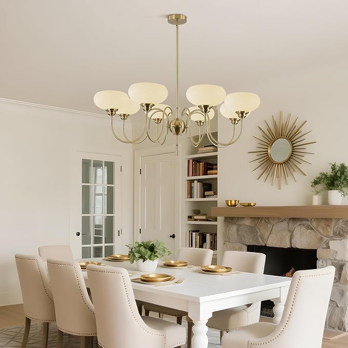 BOKT French Chandelier 8-Lights Large Dining Room Gold Chandelier with Milk White Bowl Glass Lampshade Modern Living Room Adjustable Rod Semi Flush Ceiling Sputnik Chandelier Light Fixtures