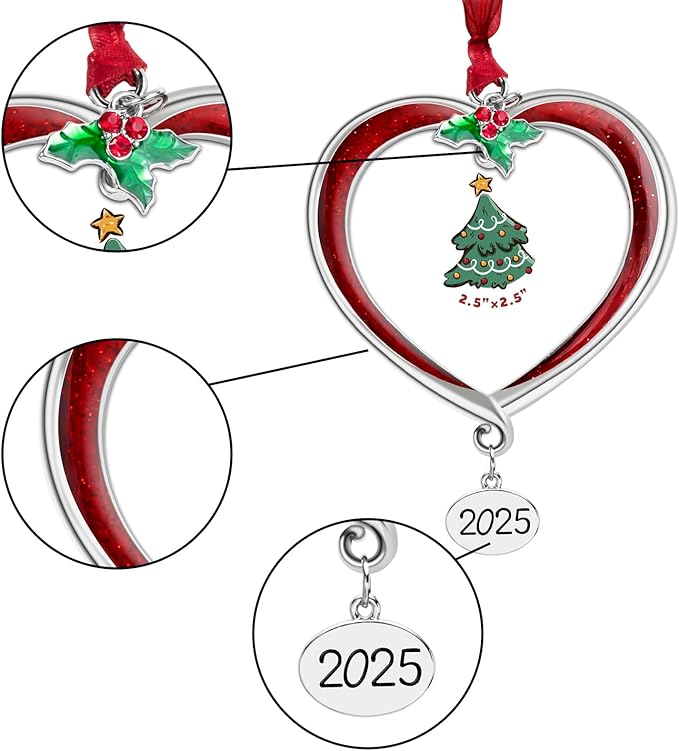 Christmas Tree Ornament Picture Frame Metal Hanging Pendant Holiday 2.5" Photo Frame Charm Decorative of Pets, Baby First Christmas, Family (2025 Red)
