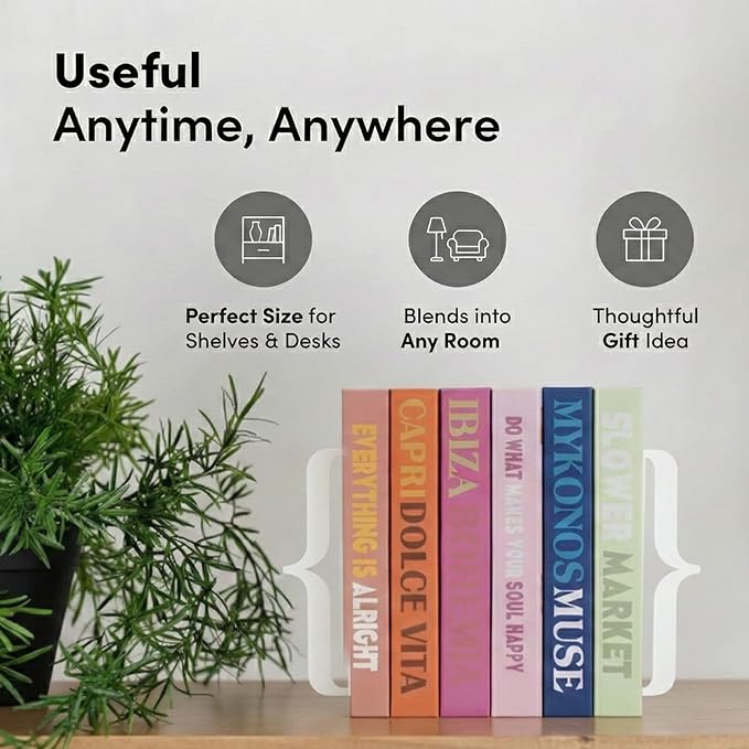 Decorative Bookends for Shelves - Modern Bracket Shaped Metal Book Ends for Home Office Decor, Unique Minimalist Desk Accessories & Gift (White)