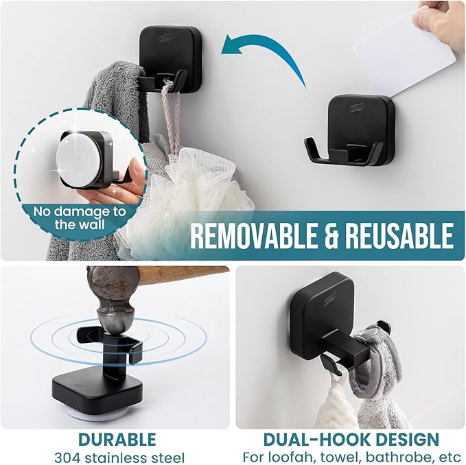 TAILI Patented Strong Suction Cup Hook, 304 Stainless Steel Bathroom Suction Cup Holder for Towel, Loofah, Bathrobe, Damage-Free Hanging Shower Wall Hook, Double-Hook Widening Design, 2 Pack, Black