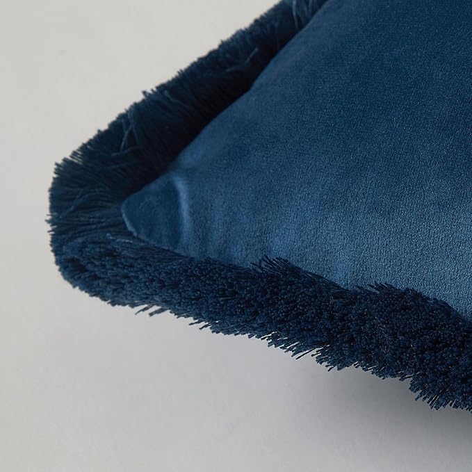 JUSPURBET Pack of 2 Navy Decorative Fringe Velvet Throw Pillow Covers 16x16 for Home Decor Living Room Bedroom Car Boho Soft Cushion Cover with Hidden Zipper Machine Washable