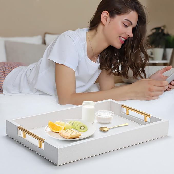 White Decorative Tray for Coffee Table, Modern Large Ottoman Tray for Living Room,Drink Coffee Serving Tray