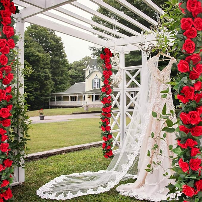 LESING Rose Garlands Artificial Rose Vines, 4PCS(28.8FT) Fake Silk Flower Garland with Greenery Plants Wedding Hanging Flower Vines Garlands for Home Office Arch Garden Decoration (Red)