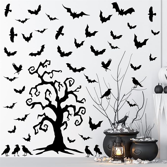 Giant Halloween Window Decals Bats Stickers Halloween Tree Window Stickers Halloweens Wall Decor Decals Peel and Stick Black Crow Branch Vinyl Sticker for Haunted House Party Supplies Windows Decor