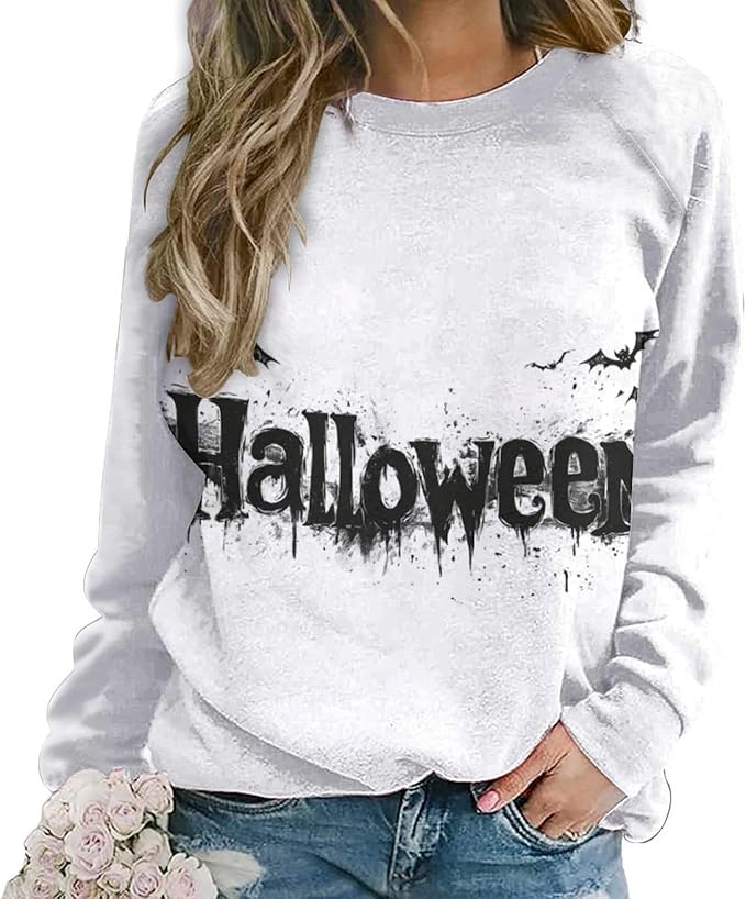 Halloween Sweatshirts for Women Funny and Spooky Print Crewneck Oversized Pullover Outdoor Lounge Fashion Sweater