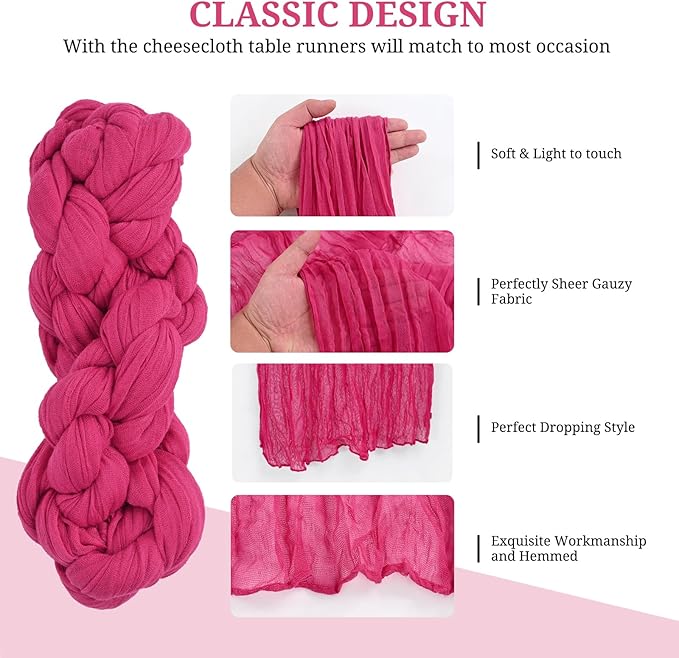 12 Pack Hot Pink Cheesecloth Table Runner, Gauze Boho Long Cheesecloth Table Runner 35x70inch Rustic Table Runners for Wedding Party Bridal Shower Banquet Easter Table Decorations