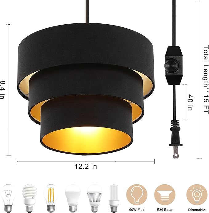 Plug in Pendant Light, Hanging Light Fabric Shade, Pendant Light Fixture for Bedroom, Kitchen, Living Room, Dining Table (Black)