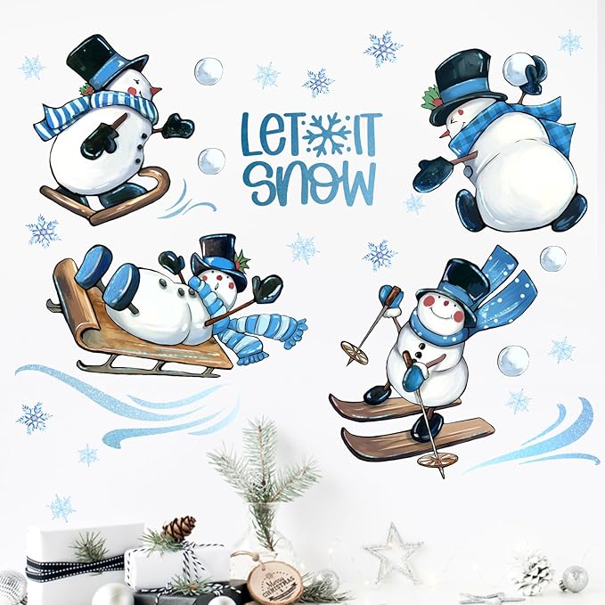 Mfault Winter Snowman Wall Decals Stickers, Let It Snow Winter Sport Sleigh Decorations Bedroom Art, Snowball Snowflakes 2026 New Year Christmas Holiday Home Kitchen Decor