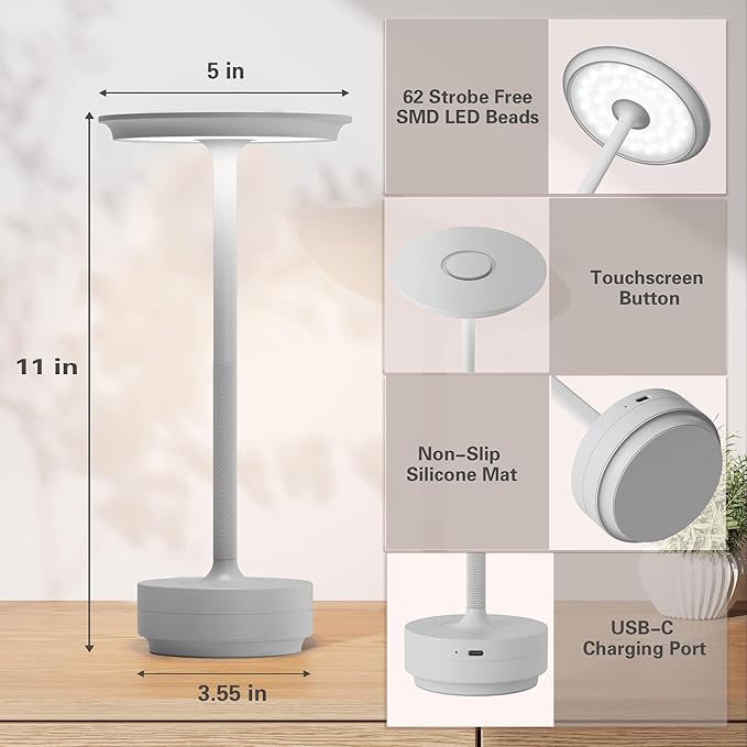 Table Lamp Table Lamps 2P Wihte Cordless Rechargeable Portable LED 5000mAh 3-Level Brightness Memory Function Battery Operated Restaurant Cafe