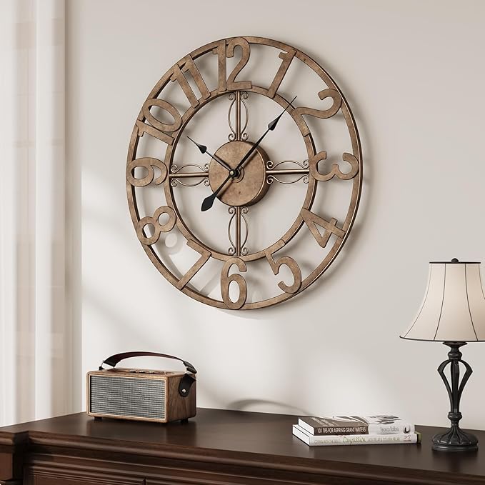 20 inch Large Wall Clock, Modern Decorative Wall Clocks for Living Room Decor, Metal Round Clock Battery-Operated Silent Non Ticking Retro Rustic Arabic Numerals Analog, Bronze