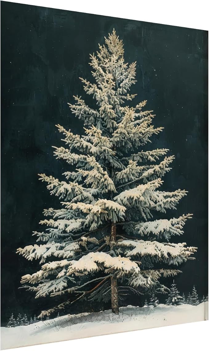 Snowy Christmas Tree Wall Art,Vintage Winter White Fir Tree Painting,Winter Christmas Wall Art,Snowy Pine Tree Decor,Dark Academia Botanical Print,Christmas Vintage Vertical Print12x16inch Unframed