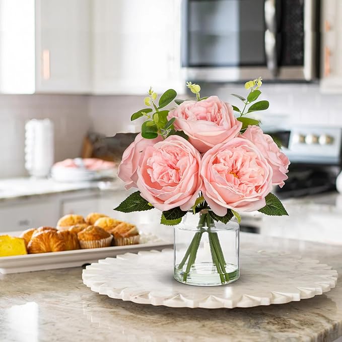 Hollyone Real Touch Peonies Artificial Flowers Arrangements in Vase Pink Fake Peonies with Glass Vase Silk David Austin Roses Faux Flowers with Faux Water Bouquet Table Floral Centerpiece Home Decor