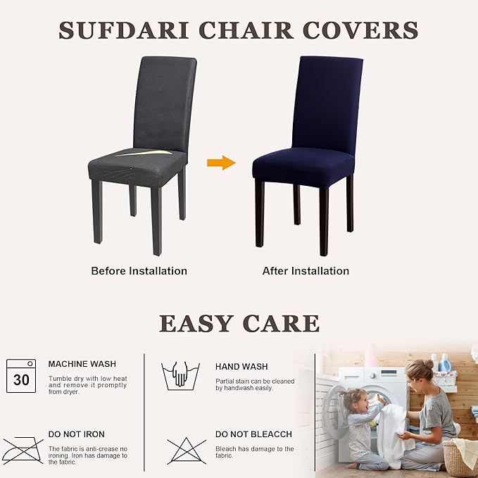 Sufdari Dining Chair Covers,Kitchen Chair Cover,Parsons Chair Slipcover,Spandex Chair Protectors for Dining Room Stretch Chairs Cover Set of 4 -Navy Blue