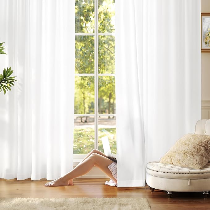 Anmao Non-See-Through Bright White Privacy Semi Sheer Curtains for Living Room 63 Inch Length 2 Panels Set, Light Filtering That Let Light in Rod Pocket Window Drapes for Bedroom, 40Wx63L, Pure White