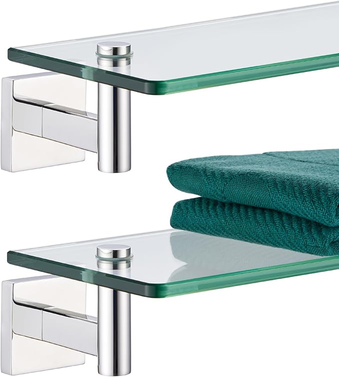 KOKOSIRI Bathroom Shelves Wall Mounted Floating Glass Shelf Polished Stainless Steel 20-Inch Hanging Rack for Storage/Room Decor 2 Pack B1105CH-L20-P2
