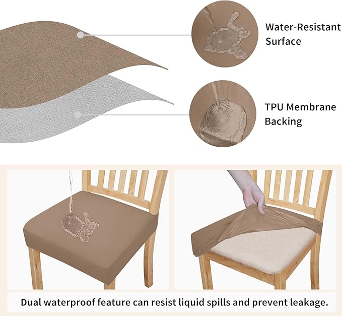 Easy-Going 100% Waterproof Seat Covers for Dining Room Chairs Set of 6, Stretch Chair Seat Slipcovers Protector Removable and Washable Kitchen Dining Chair Covers, Camel