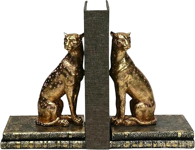 Comfy Hour Gold Cheetah Decorative Bookends, Unique Leopard Wildlife Art Book Ends for Shelves, Heavy Duty Resin Animal Statues for Books, 1 Pair