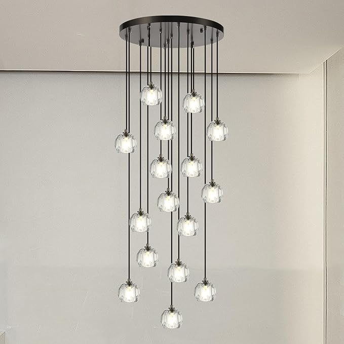Large Crystal Pendant Light Fixtures, LED Round Ceiling Hanging Lamps, Modern Raindrop Black Chandeliers for Dining Room Staircase Living Room Farmhouse