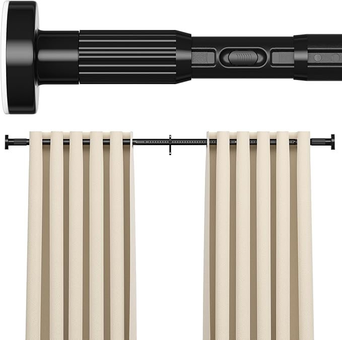 AIZESI 41-124 Inch Heavy Duty Black Tension Curtain Rod - No Drilling, Adjustable, Rust-Resistant for Outdoor, Living Room, Window, Bathroom