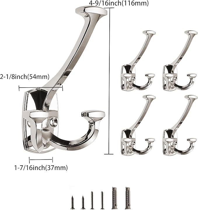 Polished Nickel Hooks Large Wall Mounted Decorative Solid Heavy-Duty Double-Sided Coat Hooks for Hanging Towels Coats Robes Towels Bag Bathroom Wall Hooks (5 Pack)