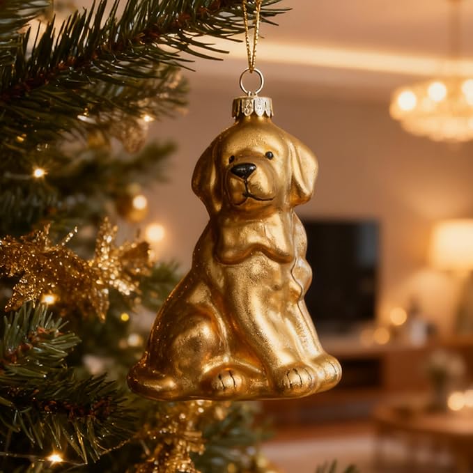 WDS WONDROUS Dog Ornament Christmas Tree Decor - Glass Animal Ornament, Cute Gold Christmas Hanging Ball Decor, Small Xmas Ornaments for Tree Winter Holiday Decor Gift(2.55”)
